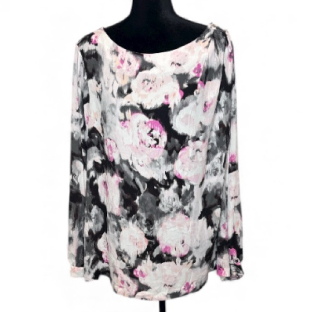 Liz Claiborne - Black, White, Pink Floral Blouse - Size 1X
